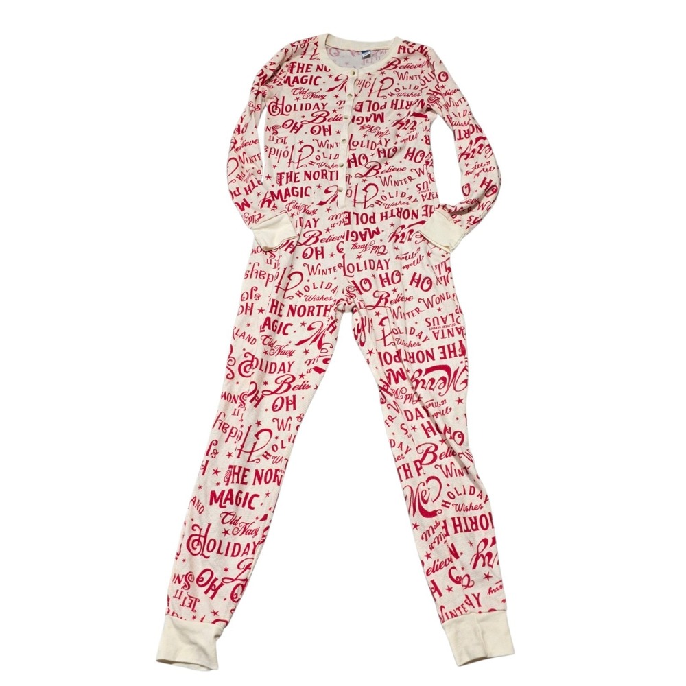 Old Navy Holiday One Piece Pajama Women Small Red White Waffle Knit Union Suit
